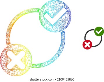 Netzmaschen ja keine Varianten Rahmensymbol mit Regenbogenverlauf. Farbiges Rahmennetz ja keine Varianten Symbol. Flacher Schlachtkörper, der aus ja nein Varianten Piktogramm und Kreuzungen hergestellt wurde.