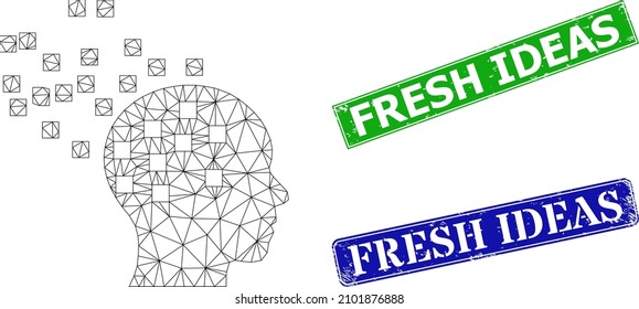 Imagen de desintegración mental de la red, y marcas de agua sucias rectangulares azules y verdes de Ideas Frescas. La imagen de la canal de malla está diseñada con un icono de desintegración mental.