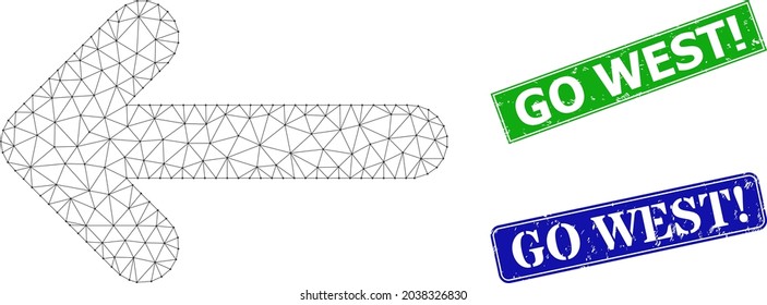 Net move left image, and Go West Exclamation blue and green rectangular rubber stamp seals. Polygonal wireframe image is designed with move left pictogram.