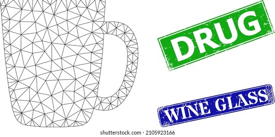 Net mug image, and Drug blue and green rectangular unclean seals. Mesh carcass image designed with mug pictogram. Seals include Drug tag inside rectangular form.