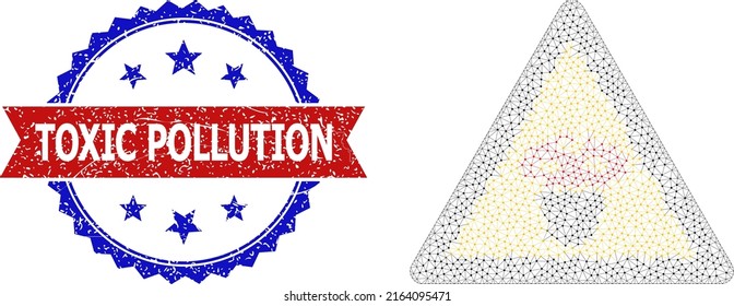 Net mushroom warning wireframe illustration, and bicolor scratched Toxic Pollution seal stamp. Mesh carcass symbol is based on mushroom warning pictogram.