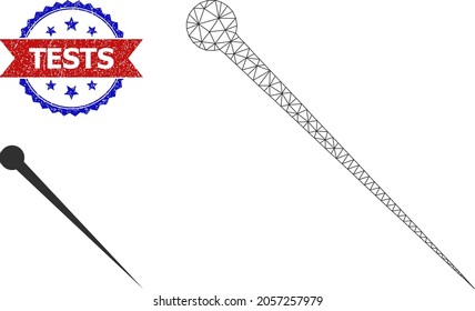 Illustration filaire à aiguille nette et filigrane des tests non propres bicolores. L'illustration filaire polygonale est basée sur une icône d'aiguille. Image vectorielle filigrane avec étiquette Tests à l'intérieur du ruban rouge et de la rosette bleue,