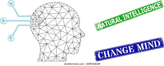 Net neural interface image, and Natural Intelligence blue and green rectangle textured stamps. Mesh wireframe image created from neural interface icon.