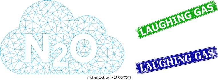 Net nitrous oxide gas model, and Laughing Gas blue and green rectangle corroded stamp seals. Mesh carcass illustration created from nitrous oxide gas icon.