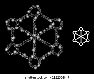 Net nodes icon and constellation mesh net nodes model with glitter spots. Illuminated constellation generated from net nodes vector icon and triangle mesh. Constellation carcass net nodes,