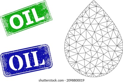 Imagen de caída neta de aceite y sellos rayados de rectángulo azul y verde de aceite. El símbolo de la canal de malla está diseñado con el icono de gota de aceite. Los sellos incluyen el texto Aceite en forma de rectángulo.