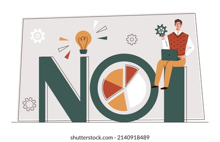 Net operating income. Young guy with laptop sitting on pillars of graphs and charts. Modern technologies and methods for evaluating efficiency. Employee and business. Cartoon flat vector illustration