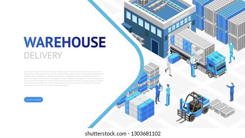 Net page with isometric design of modern cartoon warehouse showing delivery system work