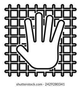 Vector de contorno de icono de escaneo de palma de red. Código de base de datos en línea. Reconocimiento social del sistema