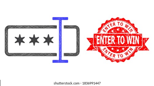 Icono de campo de contraseña de red, y Intro para ganar impresión de sello de cinta de goma. El sello rojo contiene la etiqueta Enter to Win dentro de la cinta.Carcasa de alambre geométrica 2D neta basada en el icono de campo de contraseña,