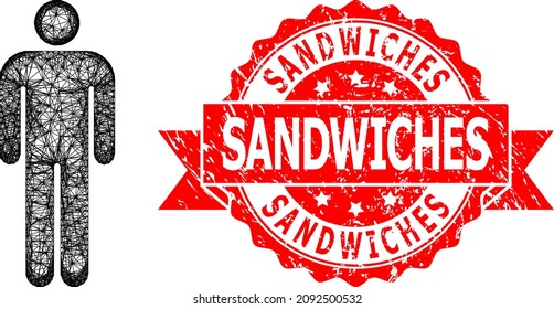 Net person icon, and Sandwiches dirty ribbon stamp seal. Red stamp has Sandwiches tag inside ribbon.Geometric wire carcass flat net based on person icon, generated from intersected lines.