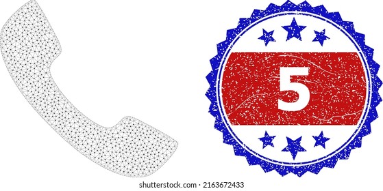 Net phone receiver framework icon, and bicolor scratched 5 seal. Mesh carcass image is designed with phone receiver icon. Vector imprint with 5 text inside red ribbon and blue rosette,