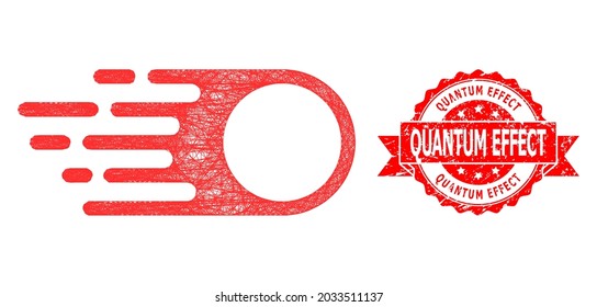 Net photon flight icon, and Quantum Effect corroded ribbon seal print. Red stamp seal includes Quantum Effect text inside ribbon.Geometric linear carcass flat net based on photon flight icon,