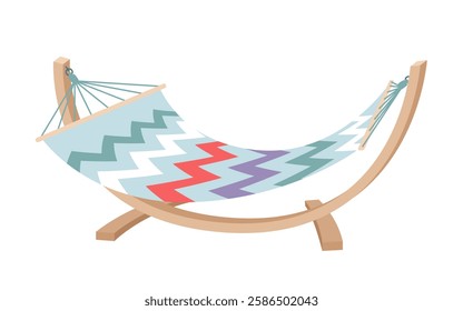 Net pink hammock with rope and rings, swinging bed for summer nature camping. Comfortable hanging hammock to relax and enjoy tranquility, furniture of home garden and beach cartoon