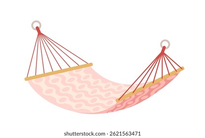 Net pink hammock with rope and rings, swinging bed for summer nature camping. Comfortable hanging hammock to relax and enjoy tranquility, furniture of home garden and beach cartoon vector illustration