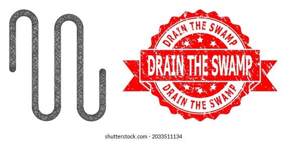Icono de tubería de red y Drene la huella de sello de cinta sucia del pantano. El sello rojo tiene el título Drain the Swamp dentro de la cinta.Red plana de marco con tramas geométricas basada en el icono de tubería, generada a partir de líneas cruzadas.