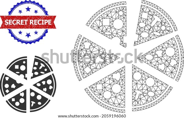 Net pizza pieces carcass illustration, and\
bicolor scratched Secret Recipe watermark. Polygonal carcass\
illustration is based on pizza pieces\
icon.
