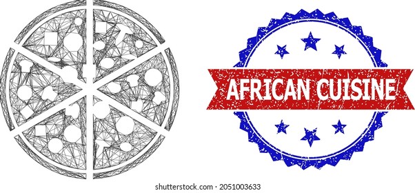 Net pizza portions carcass icon, and bicolor dirty African Cuisine watermark. Flat model created from pizza portions icon and crossing lines. Vector watermark with grunge bicolored style,