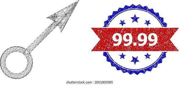 Net point direction carcass icon, and bicolor rubber 99.99 watermark. Flat mesh created from point direction icon and crossing lines. Vector watermark with scratched bicolored style, 99.