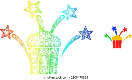Net popcorn fireworks frame icon with spectral gradient. Bright carcass net popcorn fireworks icon. Flat structure created from popcorn fireworks icon and crossing lines.