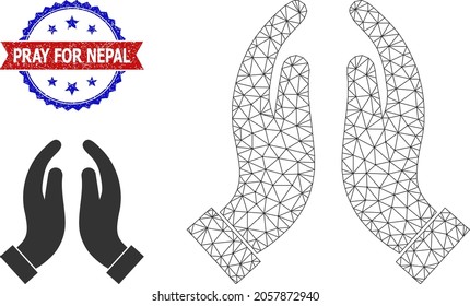 Net praying hands framework icon, and bicolor unclean Pray for Nepal stamp. Mesh wireframe illustration is designed with praying hands icon.