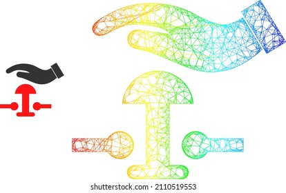 Net press alarm button frame illustration with rainbow gradient. Vibrant frame mesh press alarm button icon. Flat frame created from press alarm button icon and intersected lines.