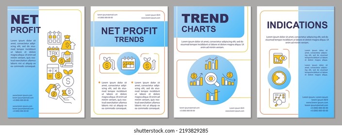 Net profit trends in trading blue brochure template. Stock market. Leaflet design with linear icons. Editable 4 vector layouts for presentation, annual reports. Arial, Myriad Pro-Regular fonts used