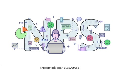 Net Promoter Score, NPS. Concept with computer user, letters and icons. Colored flat vector illustration on white background.