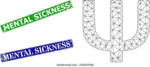 Net Psi Greek symbol image, and Mental Sickness blue and green rectangular dirty stamps. Mesh wireframe image designed with Psi Greek symbol icon.