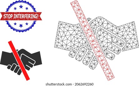 Net resrtricted handshake carcass icon, and bicolor grunge Stop Interfering Exclamation watermark. Polygonal carcass symbol designed with resrtricted handshake icon.