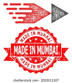 Net rewind forward icon, and Made in Mumbai unclean ribbon seal. Red seal has Made in Mumbai caption inside ribbon.Geometric hatched carcass flat net based on rewind forward icon,