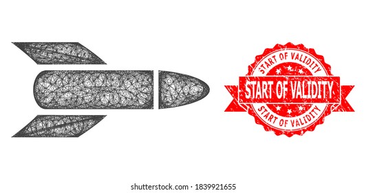 Net rocket icon, and Start of Validity rubber ribbon seal print. Red stamp seal contains Start of Validity tag inside ribbon.Geometric wire carcass flat net based on rocket icon,
