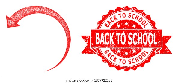 Net rotate backward icon, and Back to School dirty ribbon seal. Red seal contains Back to School tag inside ribbon.Geometric linear frame 2D net based on rotate backward icon,