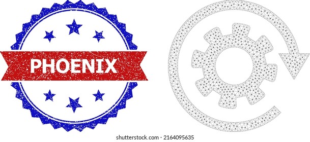 Net rotate gear wireframe icon, and bicolor scratched Phoenix stamp. Polygonal carcass image is designed with rotate gear icon. Vector imprint with Phoenix text inside red ribbon and blue rosette,