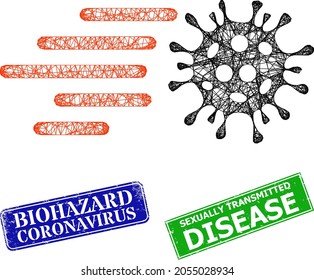 Net rush virus image, and Biohazard Coronavirus blue and green rectangle textured seals. Mesh wireframe illustration is created from rush virus icon.