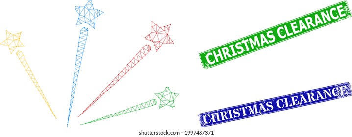 Net salute stars image, and Christmas Clearance blue and green rectangle rubber seal prints. Mesh carcass symbol is created from salute stars pictogram.