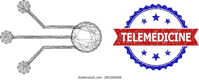 El sensor de red enlaza el icono de la estructura alámbrica y el sello de la telemedicina de color gris bicolor. Estructura plana creada a partir del icono de enlaces de sensores y líneas cruzadas. Sello vectorial de estilo retro bicolores,