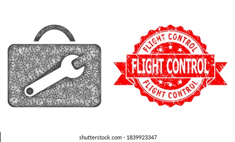 Net service toolkit icon, and Flight Control textured ribbon stamp seal. Red stamp seal has Flight Control caption inside ribbon.Geometric wire frame flat net based on service toolkit icon,
