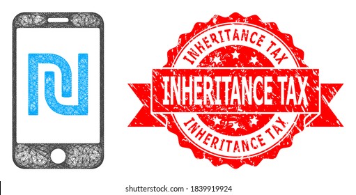 Net shekel mobile bank icon, and Inheritance Tax rubber ribbon stamp seal. Red stamp seal contains Inheritance Tax title inside ribbon.Geometric wire frame 2D net based on shekel mobile bank icon,