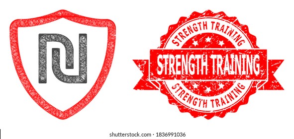 Net shekel shield icon, and Strength Training rubber ribbon stamp seal. Red stamp seal contains Strength Training caption inside ribbon.Geometric linear frame 2D network based on shekel shield icon,