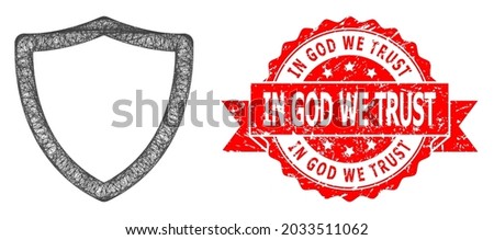 Net shiled icon, and In God We Trust corroded ribbon stamp seal. Red stamp seal has In God We Trust text inside ribbon.Geometric wire carcass 2D net based on shiled icon,