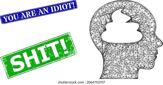 Imagen de cerebro de porquería neta, y You Are an Idiot advierte de imitaciones de focas rectangulares de color azul y verde corroídas. Ilustración de canales de malla diseñada con pictograma cerebral de mierda.
