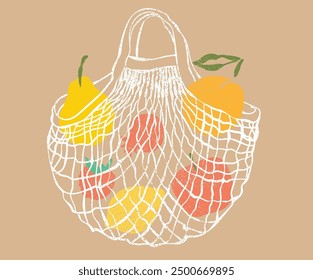 Net shopping bag artwork. Vintage fruit graphic design. Summer organic fruit artwork.