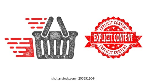 Netto-Warenkorb-Symbol und Explizite Inhalte gekratzte Bandsiegel-Druck. Rotes Siegel enthält Explizite Content-Tag-Nummer in Ribbon.Geometrisches 2D-Netz basierend auf dem Warenkorb-Symbol,