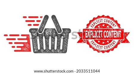 Net shopping basket icon, and Explicit Content scratched ribbon seal print. Red seal contains Explicit Content tag inside ribbon.Geometric hatched frame 2D net based on shopping basket icon,