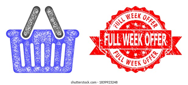 Net shopping basket icon, and Full Week Offer scratched ribbon seal imitation. Red seal contains Full Week Offer tag inside ribbon.Geometric wire frame flat net based on shopping basket icon,