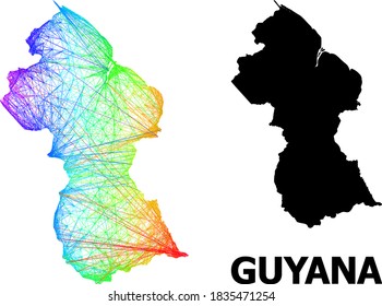 Net and solid map of Guyana. Vector structure is created from map of Guyana with intersected random lines, and has spectral gradient. Abstract lines form map of Guyana.