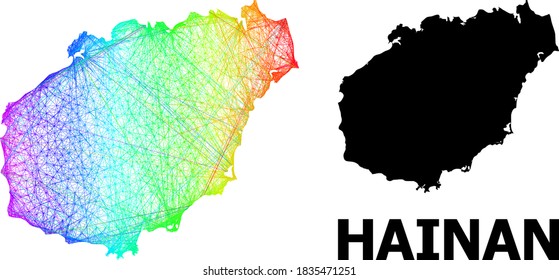 Net and solid map of Hainan Island. Vector model is created from map of Hainan Island with intersected random lines, and has rainbow gradient. Abstract lines are combined into map of Hainan Island.