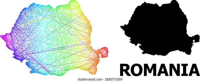 Net and solid map of Romania. Vector model is created from map of Romania with intersected random lines, and has spectrum gradient. Abstract lines are combined into map of Romania.