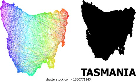Mapa neto y sólido de la isla de Tasmania. El modelo vectorial se crea a partir del mapa de la isla de Tasmania con líneas aleatorias interseccionadas, y tiene un gradiente espectral brillante. Líneas abstractas del mapa de la isla de Tasmania.